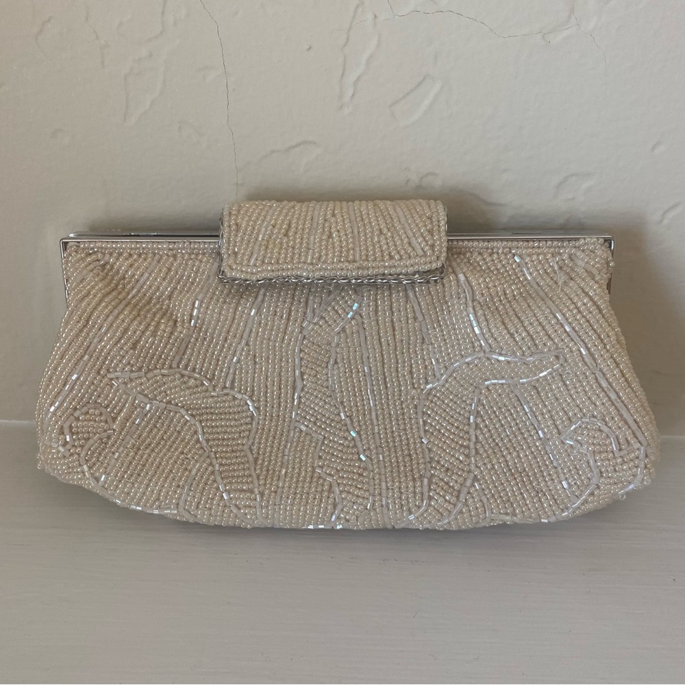 Nina champagne beaded clutch with silver shoulder chain